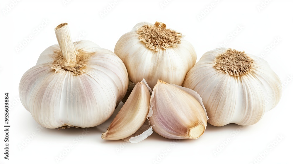 Three whole garlic bulbs and two cloves on a white background. Three whole garlic bulbs and two cloves on a white background.