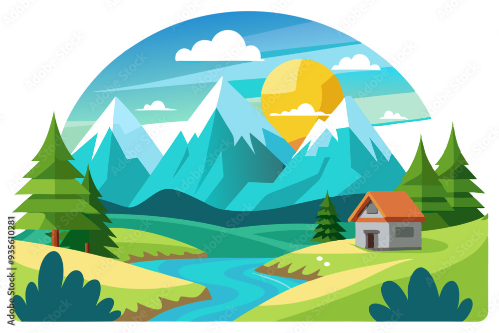 Obraz premium A Picturesque Mountain Landscape with a River and a House