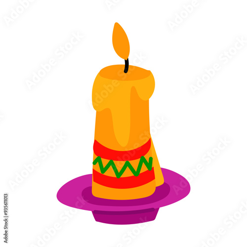 traditional Mexican altar candle in a flat bright style. A yellow burning candle with drawings. Mexican holiday is the Day of the Dead. Vector flat hand-drawn illustration. fire is burning in memory