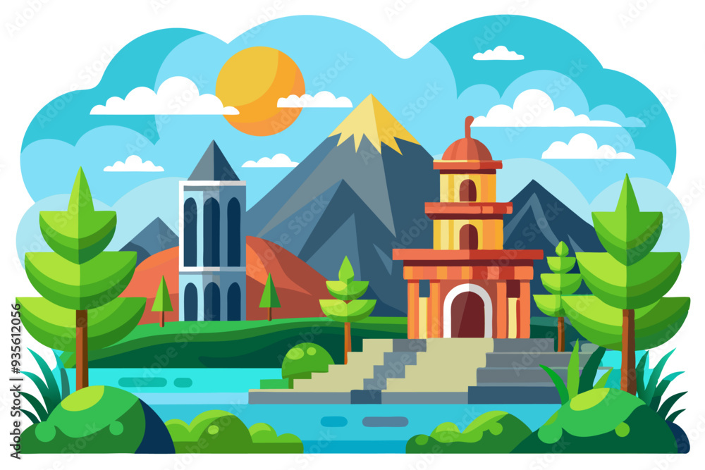 Mountainous Landscape with a Pagoda, Tower, and River Mountainous Landscape with a Pagoda, Tower, and River