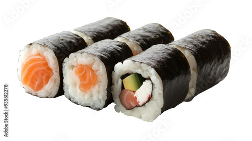 Set of sushi rolls  with salmon, avocado and wasabi isolated on transparent background photo