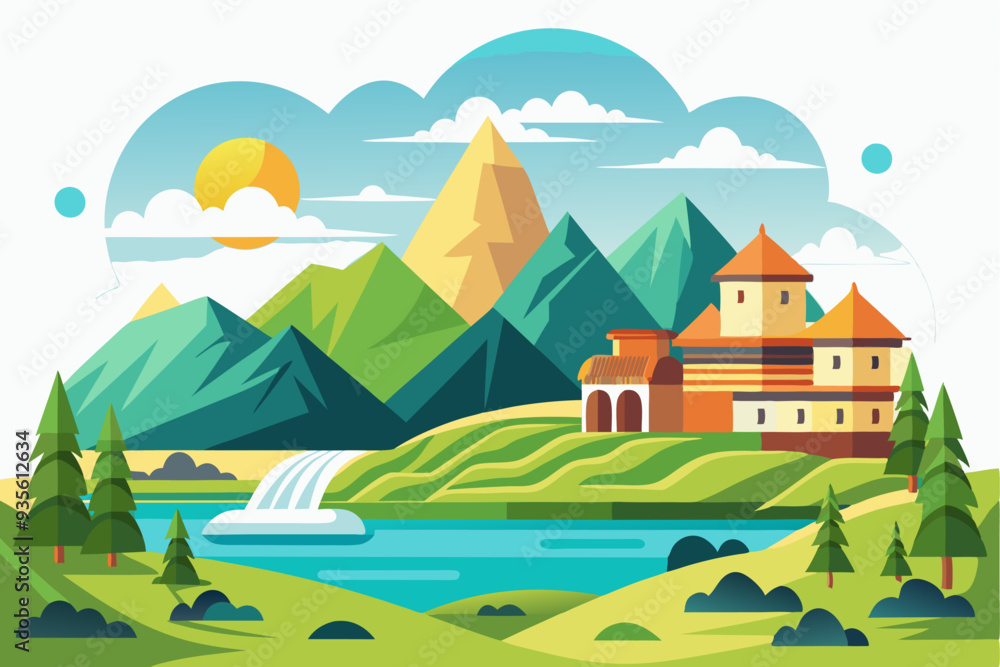 A Picturesque Landscape with a Castle, Mountains, and a Waterfall A Picturesque Landscape with a Castle, Mountains, and a Waterfall