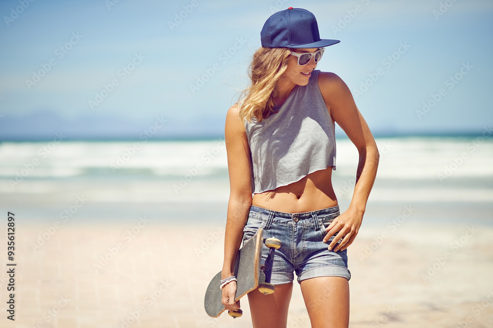 Woman, ocean and smile with skateboard on sunglasses for summer break and relax in Atlanta. Boardwalk, female person and skater with hobby or sport for fitness, health and wellness for fun or enjoy Woman, ocean and smile with skateboard on sunglasses for summer break and relax in Atlanta. Boardwalk, female person and skater with hobby or sport for fitness, health and wellness for fun or enjoy