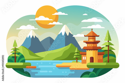 Wallpaper Mural Pagoda in Mountainous Landscape with River and Sun Torontodigital.ca