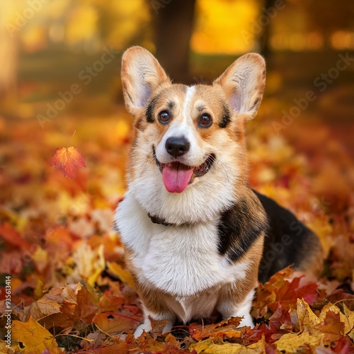 corgi dog in autumn leaves photo