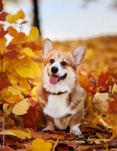 corgi dog in autumn leaves photo