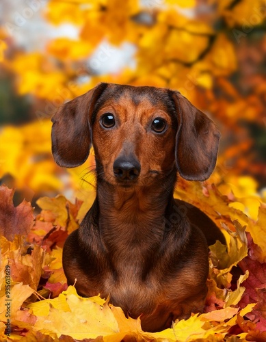 dachshund dog in autumn leaves photo