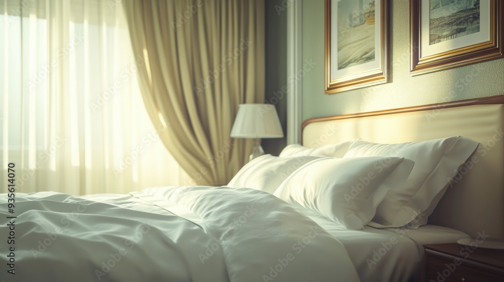A bed with white sheets and pillows in a room, AI A bed with white sheets and pillows in a room, AI