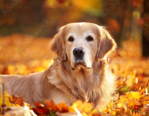 golden retriever dog in autumn leaves photo