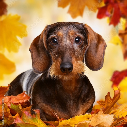 dachshund dog in autumn leaves photo