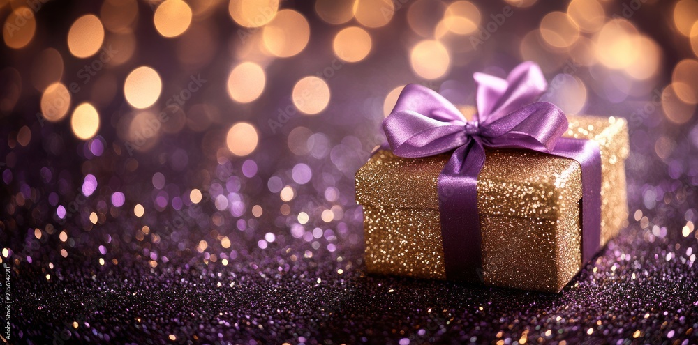 Fototapeta premium Sparkling Gift Box with Purple Bow