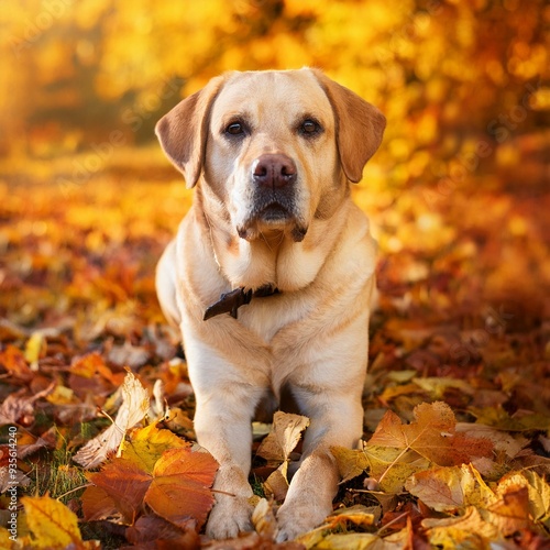 lablador dog in autumn leaves 