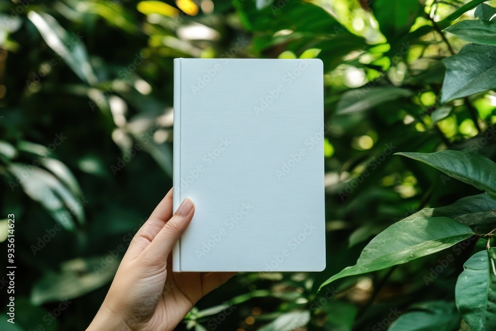 White Blank Book Mockup Against Green Foliage White Blank Book Mockup Against Green Foliage