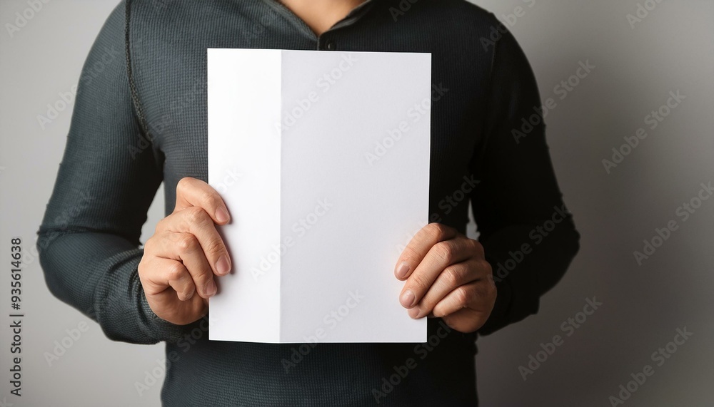 Hand holding blank white flyer brochure booklet in hand Hand holding blank white flyer brochure booklet in hand