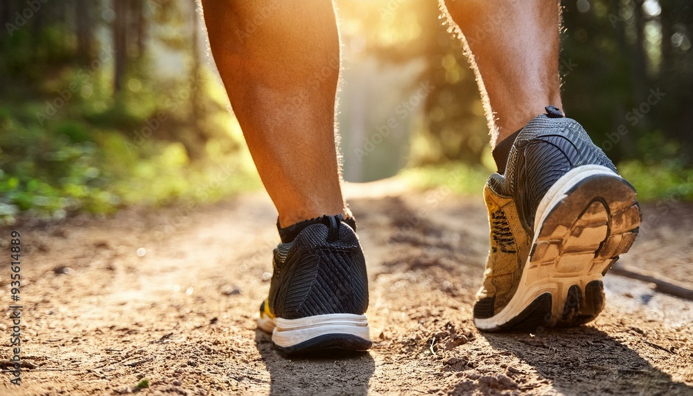 Close up legs and feet in sport shoes walking on dirt road in forest, hiking trip,solo outdoors for a healthy lifestyle Close up legs and feet in sport shoes walking on dirt road in forest, hiking trip,solo outdoors for a healthy lifestyle