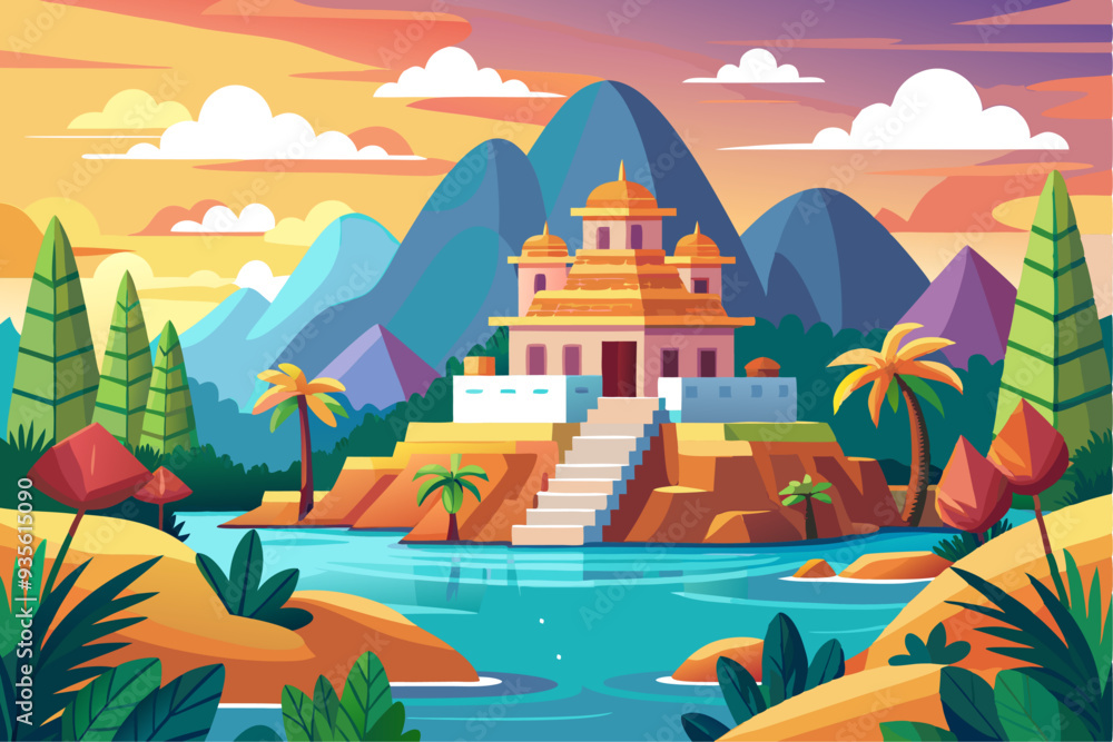 A Golden Temple on a Hillside by a River A Golden Temple on a Hillside by a River