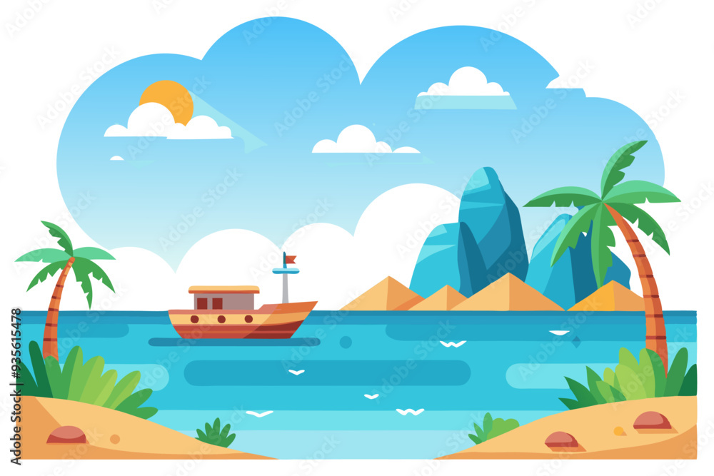 Obraz premium A Boat Sailing Near a Tropical Island with Palm Trees and Rocks