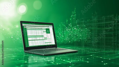 A laptop displaying spreadsheet on green digital background, conveying sense of productivity and data analysis. photo