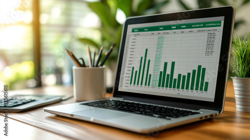 A laptop displaying spreadsheet with bar graphs, surrounded by office supplies, conveys sense of productivity and focus. photo