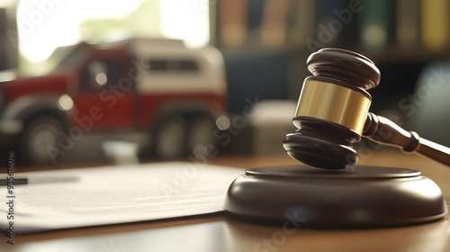 A gavel and a truck model on a table, blurred background. A concept of arms law for commercial transportation