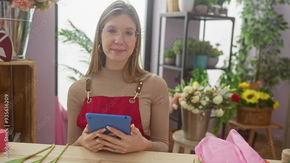 A young woman with glasses holds a tablet in a vibrant flower shop, surrounded by fresh bouquets. A young woman with glasses holds a tablet in a vibrant flower shop, surrounded by fresh bouquets.