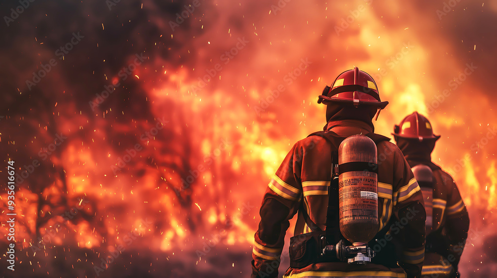 Back view of two firefighter against a raging fire on background Back view of two firefighter against a raging fire on background