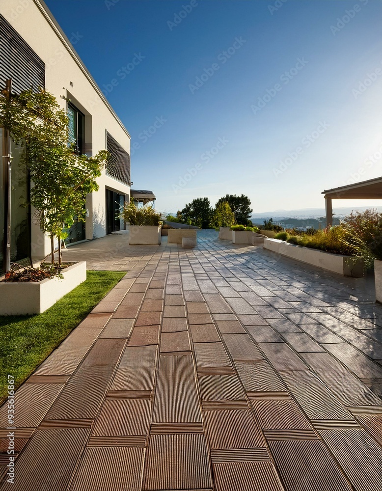 Fototapeta premium Patio deck terrace view of vacation house with scenic view in Fall with colorful foliage