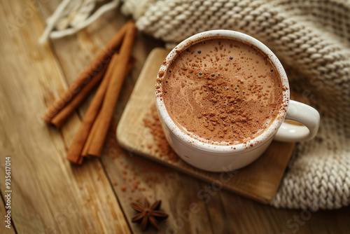 Mug of hot chocolate with cinnamon on wooden table, top view