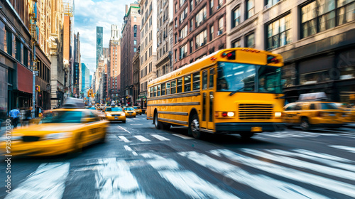 A yellow school bus is driving down a busy city street