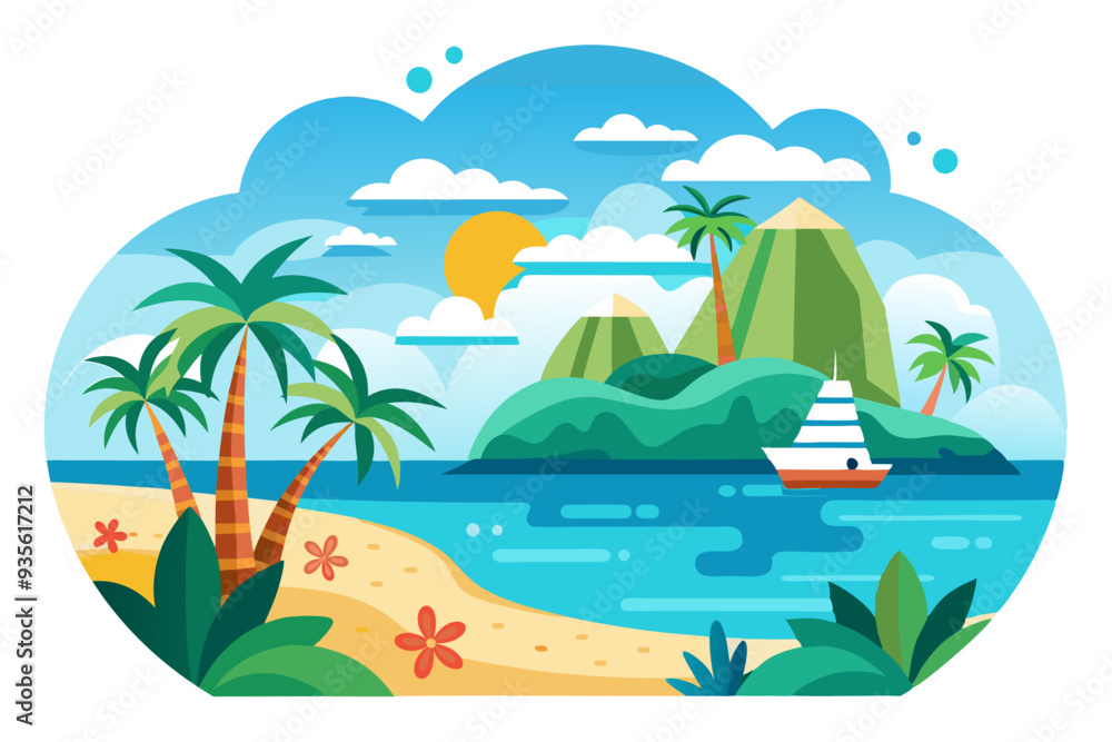 Obraz premium Tropical Island Scene with Palm Trees, Boat, and Mountains