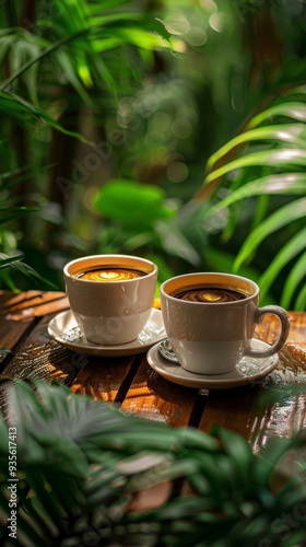 Warm coffee cups sit on wooden table surrounded by lush green plants, evoking cozy and inviting atmosphere.