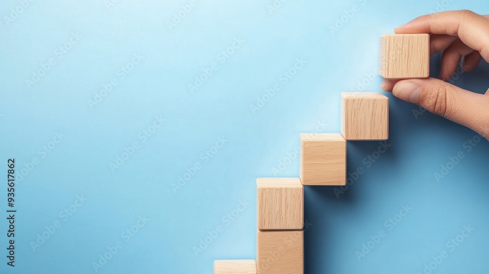 Hand Building Staircase of Wooden Blocks Hand Building Staircase of Wooden Blocks