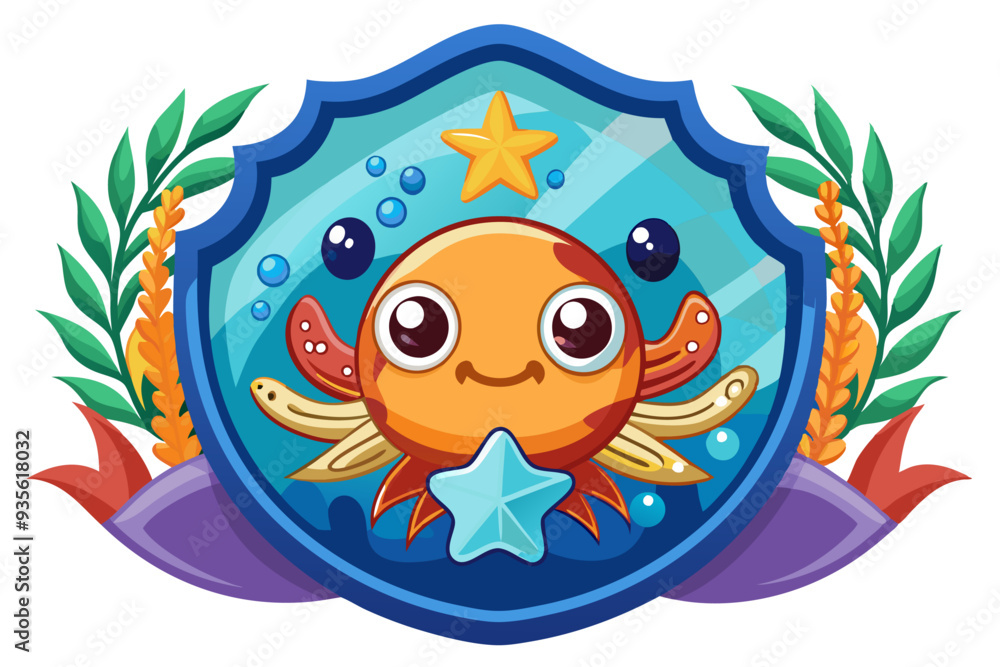 Cartoon Octopus with Shield and Starfish in Ocean Scene Cartoon Octopus with Shield and Starfish in Ocean Scene