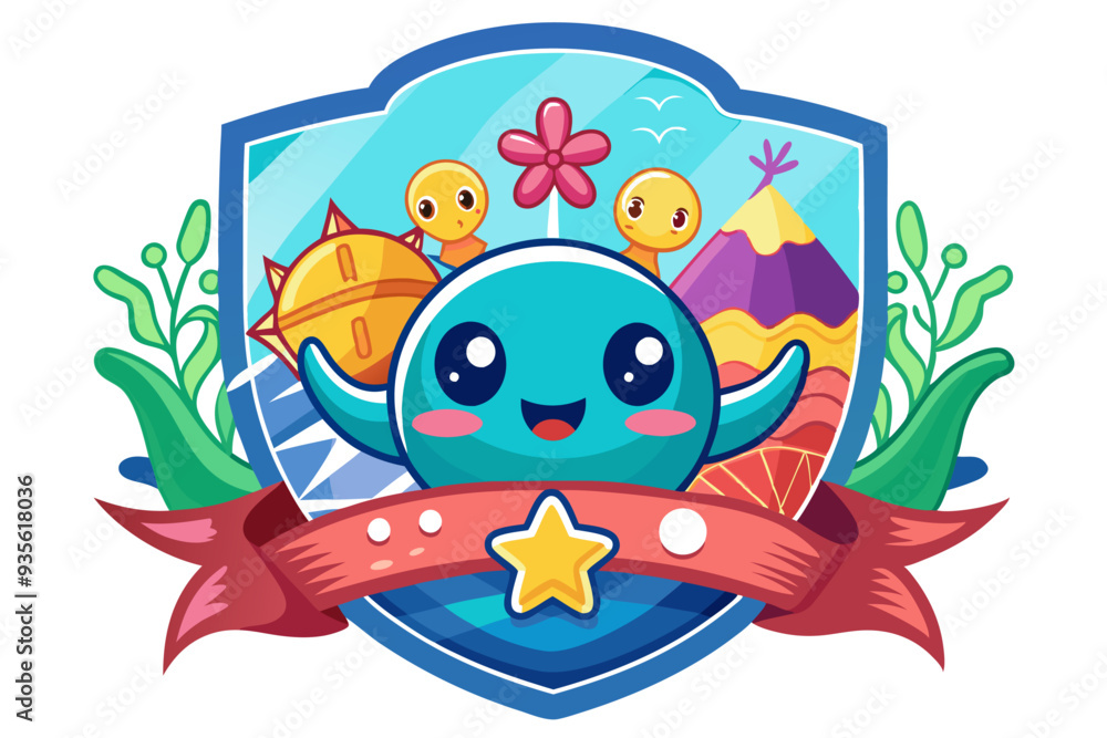 Fototapeta premium Cute Blue Creature with a Star in a Shield-Shaped Frame