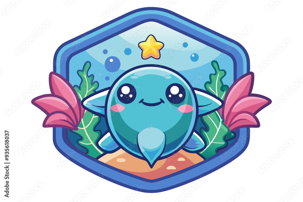 Obraz premium Cute Blue Cartoon Fish with Big Eyes and Pink Cheeks in a Hexagon Frame