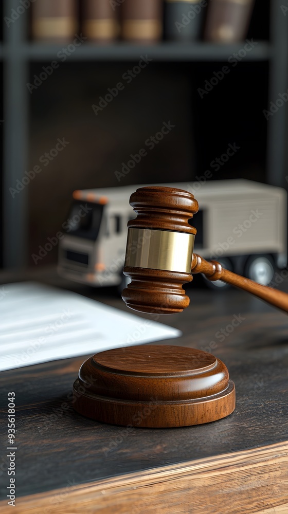 A gavel and a truck model on a table, blurred background. A concept of arms law for commercial transportation A gavel and a truck model on a table, blurred background. A concept of arms law for commercial transportation