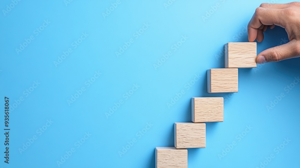 Hand Placing Wooden Block on a Staircase Formation Hand Placing Wooden Block on a Staircase Formation