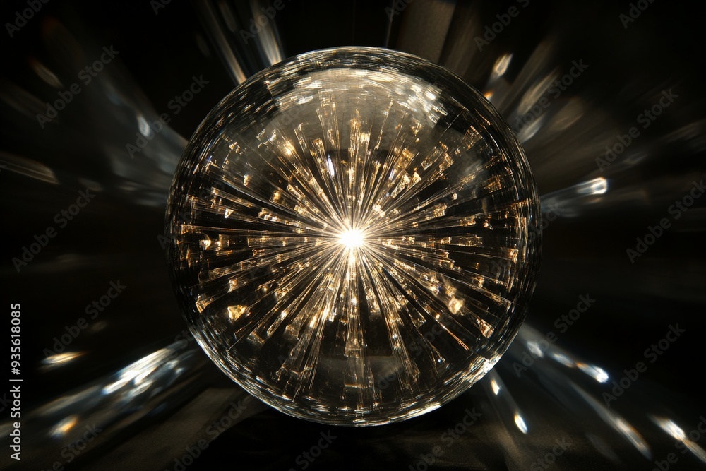 A brilliant glass sphere radiating an incandescent light burst, creating a stunning pattern of light rays emanating from the center, offering a mesmerizing visual. A brilliant glass sphere radiating an incandescent light burst, creating a stunning pattern of light rays emanating from the center, offering a mesmerizing visual.