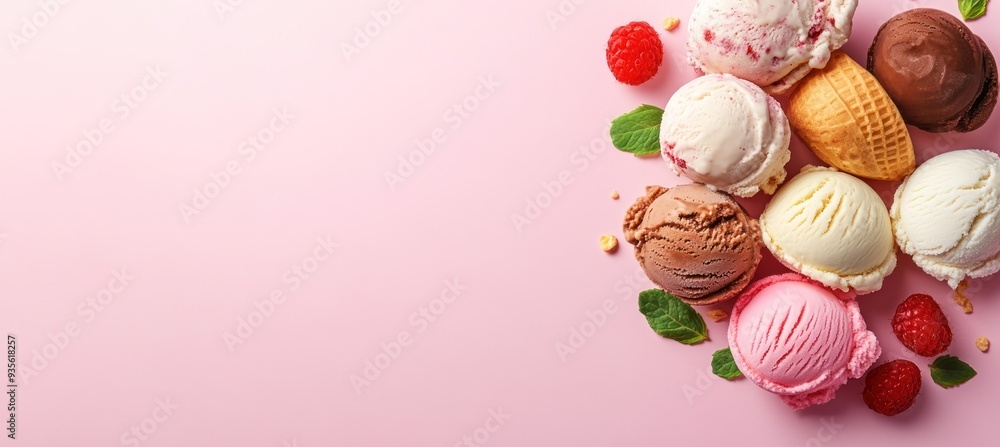Assortment of Ice Cream Scoops on Pink Background Assortment of Ice Cream Scoops on Pink Background