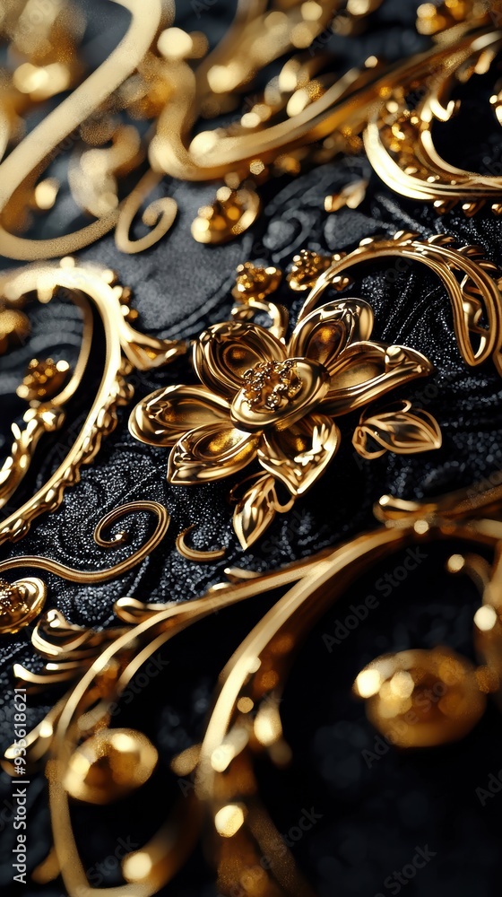 Golden Floral Pattern on Black Background. Golden Floral Pattern on Black Background.