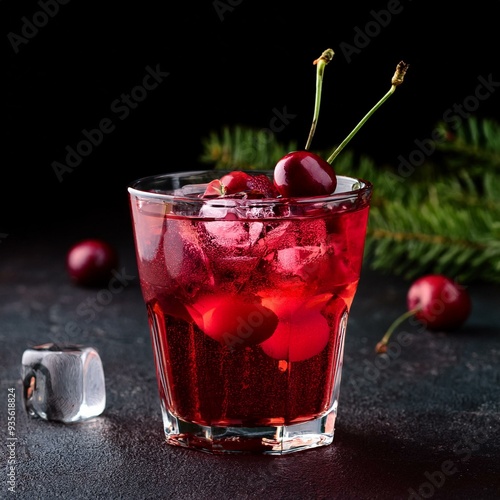 Wallpaper Mural Garnished cocktail with cherry fresh cranberry juice and ice isolated view with text space Torontodigital.ca