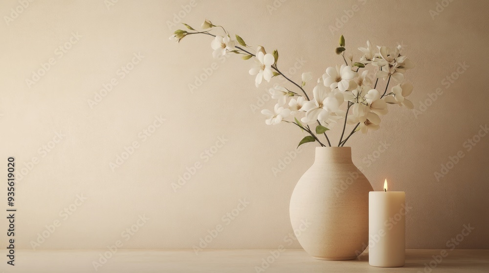 White Flowers in a Vase with Candle White Flowers in a Vase with Candle