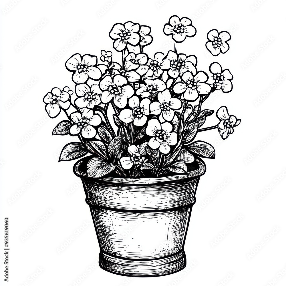Black and white Vintage engraved art of a small metal flower pot with ...