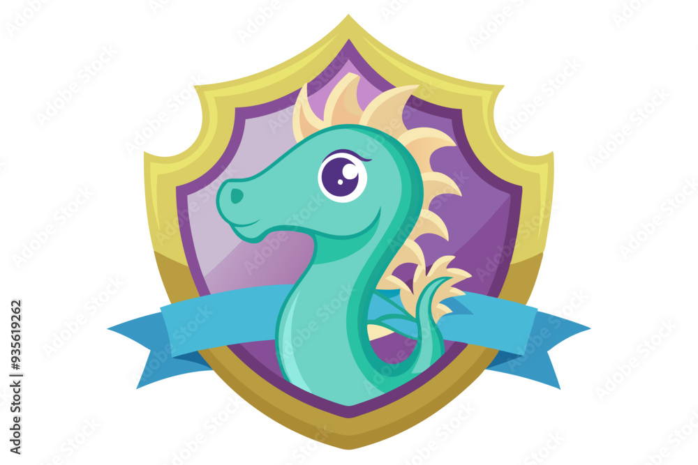 Fototapeta premium Cartoon Sea Horse in a Golden Shield with a Blue Ribbon