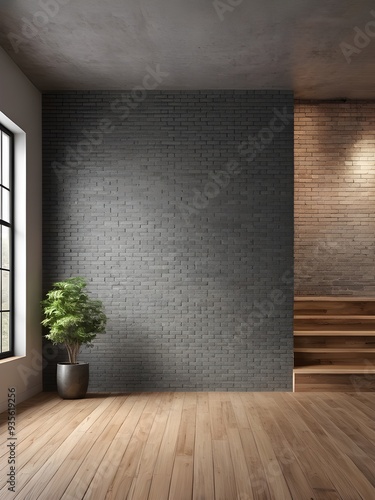 An empty modern living room with exposed brick walls