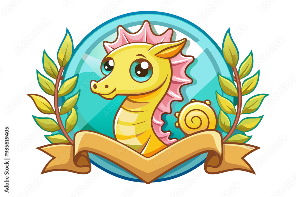 Fototapeta premium Cartoon Sea Horse with Pink Fin and Ribbon Banner