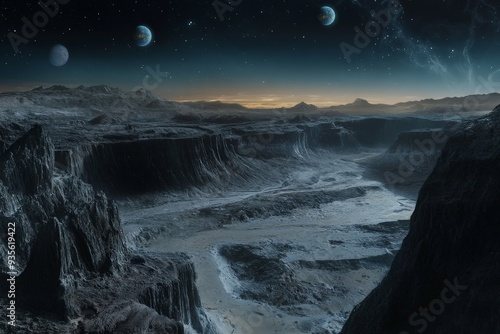 A deep and expansive canyon on an alien planet, illuminated by a sky filled with stars and moons, evoking a sense of mystery and the magnificence of cosmic landscapes.