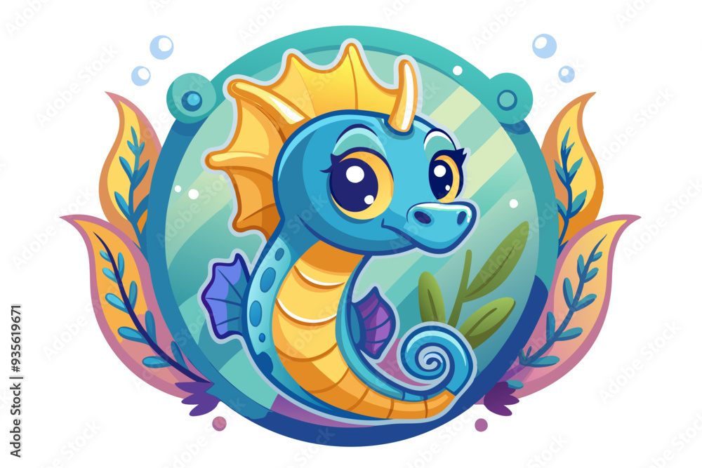Fototapeta premium Cartoon Seahorse with Big Eyes in a Circular Frame with Floral Accents