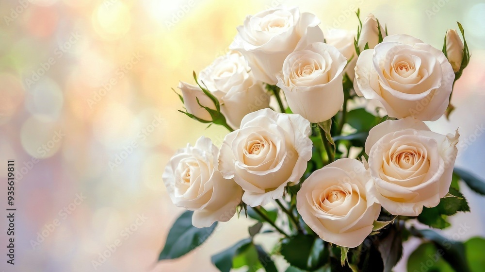 A bouquet of white roses against a soft pastel background, symbolizing purity and love A bouquet of white roses against a soft pastel background, symbolizing purity and love