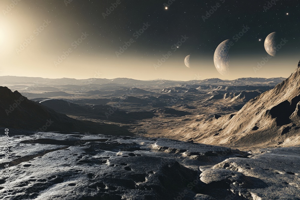 Obraz premium A captivating rocky alien landscape bathed in the light of a cosmic sunset, with multiple planets visible and the entire scene enveloped in an orange and golden glow.